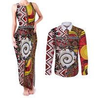 Personalised Aotearoa and Australia Together Couples Matching Tank Maxi Dress and Long Sleeve Button Shirt Koru and Kangaroo - Taniko with Aboriginal Motif LT03 Black - Polynesian Pride