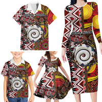 Personalised Aotearoa and Australia Together Family Matching Long Sleeve Bodycon Dress and Hawaiian Shirt Koru and Kangaroo - Taniko with Aboriginal Motif LT03 - Polynesian Pride