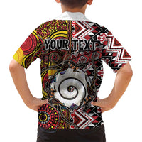 Personalised Aotearoa and Australia Together Family Matching Off Shoulder Short Dress and Hawaiian Shirt Koru and Kangaroo - Taniko with Aboriginal Motif LT03 - Polynesian Pride