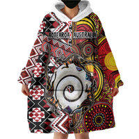 Personalised Aotearoa and Australia Together Wearable Blanket Hoodie Koru and Kangaroo - Taniko with Aboriginal Motif
