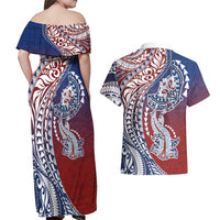 Hawaiian Manta Ray and Hammerhead Shark Tribal Tattoo Couples Matching Off Shoulder Maxi Dress and Hawaiian Shirt with Polynesian Tribal Pattern Hawaii Flag Color