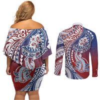 Hawaiian Manta Ray and Hammerhead Shark Tribal Tattoo Couples Matching Off Shoulder Short Dress and Long Sleeve Button Shirt with Polynesian Tribal Pattern Hawaii Flag Color