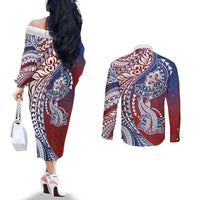Hawaiian Manta Ray and Hammerhead Shark Tribal Tattoo Couples Matching Off The Shoulder Long Sleeve Dress and Long Sleeve Button Shirt with Polynesian Tribal Pattern Hawaii Flag Color LT03 - Polynesian Pride