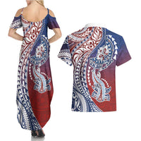 Hawaiian Manta Ray and Hammerhead Shark Tribal Tattoo Couples Matching Summer Maxi Dress and Hawaiian Shirt with Polynesian Tribal Pattern Hawaii Flag Color LT03 - Polynesian Pride