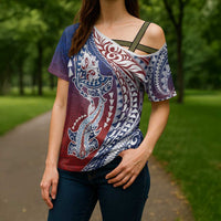 Hawaiian Manta Ray and Hammerhead Shark Tribal Tattoo Cross Shoulder Shirt with Polynesian Tribal Pattern Hawaii Flag Color LT03 - Polynesian Pride