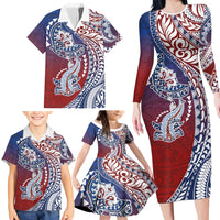 Hawaiian Manta Ray and Hammerhead Shark Tribal Tattoo Family Matching Long Sleeve Bodycon Dress and Hawaiian Shirt with Polynesian Tribal Pattern Hawaii Flag Color LT03 - Polynesian Pride