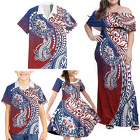 Hawaiian Manta Ray and Hammerhead Shark Tribal Tattoo Family Matching Off Shoulder Maxi Dress and Hawaiian Shirt with Polynesian Tribal Pattern Hawaii Flag Color LT03 - Polynesian Pride