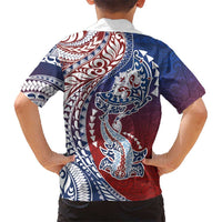 Hawaiian Manta Ray and Hammerhead Shark Tribal Tattoo Family Matching Short Sleeve Bodycon Dress and Hawaiian Shirt with Polynesian Tribal Pattern Hawaii Flag Color LT03 - Polynesian Pride