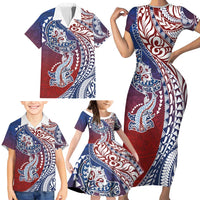 Hawaiian Manta Ray and Hammerhead Shark Tribal Tattoo Family Matching Short Sleeve Bodycon Dress and Hawaiian Shirt with Polynesian Tribal Pattern Hawaii Flag Color LT03 - Polynesian Pride