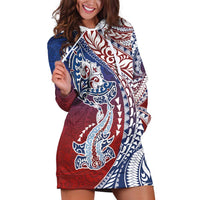 Hawaiian Manta Ray and Hammerhead Shark Tribal Tattoo Hoodie Dress with Polynesian Tribal Pattern Hawaii Flag Color