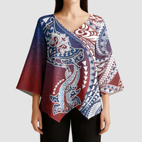 Hawaiian Manta Ray and Hammerhead Shark Tribal Tattoo Kimono Sleeve Blouse with Polynesian Tribal Pattern Hawaii Flag Color
