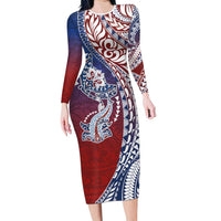 Hawaiian Manta Ray and Hammerhead Shark Tribal Tattoo Long Sleeve Bodycon Dress with Polynesian Tribal Pattern Hawaii Flag Color