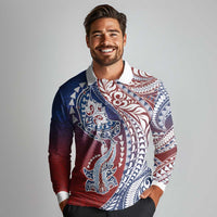 Hawaiian Manta Ray and Hammerhead Shark Tribal Tattoo Long Sleeve Polo Shirt with Polynesian Tribal Pattern Hawaii Flag Color LT03 - Polynesian Pride