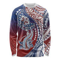 Hawaiian Manta Ray and Hammerhead Shark Tribal Tattoo Long Sleeve Shirt with Polynesian Tribal Pattern Hawaii Flag Color LT03 Unisex Multicolor - Polynesian Pride