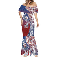 Hawaiian Manta Ray and Hammerhead Shark Tribal Tattoo Mermaid Dress with Polynesian Tribal Pattern Hawaii Flag Color