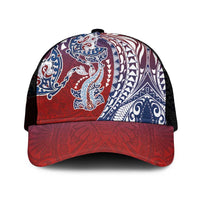 Hawaiian Manta Ray and Hammerhead Shark Tribal Tattoo Mesh Trucker Cap with Polynesian Tribal Pattern Hawaii Flag Color