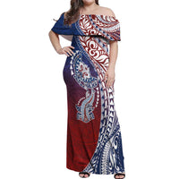 Hawaiian Manta Ray and Hammerhead Shark Tribal Tattoo Off Shoulder Maxi Dress with Polynesian Tribal Pattern Hawaii Flag Color LT03 Women Multicolor - Polynesian Pride