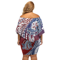 Hawaiian Manta Ray and Hammerhead Shark Tribal Tattoo Off Shoulder Short Dress with Polynesian Tribal Pattern Hawaii Flag Color LT03 - Polynesian Pride