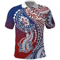 Hawaiian Manta Ray and Hammerhead Shark Tribal Tattoo Polo Shirt with Polynesian Tribal Pattern Hawaii Flag Color LT03 Multicolor - Polynesian Pride