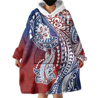 Hawaiian Manta Ray and Hammerhead Shark Tribal Tattoo Wearable Blanket Hoodie with Polynesian Tribal Pattern Hawaii Flag Color