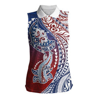 Hawaiian Manta Ray and Hammerhead Shark Tribal Tattoo Women Sleeveless Polo Shirt with Polynesian Tribal Pattern Hawaii Flag Color LT03 Female Multicolor - Polynesian Pride