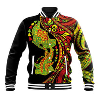 Hawaiian Manta Ray and Hammerhead Shark Tribal Tattoo Baseball Jacket with Polynesian Tribal Pattern Kanaka Maoli Flag Color LT03 Unisex Multicolor - Polynesian Pride