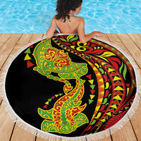 Hawaiian Manta Ray and Hammerhead Shark Tribal Tattoo Beach Blanket with Polynesian Tribal Pattern Kanaka Maoli Flag Color LT03 - Polynesian Pride