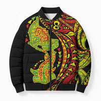 Hawaiian Manta Ray and Hammerhead Shark Tribal Tattoo Bomber Puffer Jacket with Polynesian Tribal Pattern Kanaka Maoli Flag Color LT03 Unisex Multicolor - Polynesian Pride