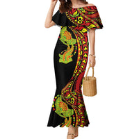 Hawaiian Manta Ray and Hammerhead Shark Tribal Tattoo Family Matching Mermaid Dress and Hawaiian Shirt with Polynesian Tribal Pattern Kanaka Maoli Flag Color LT03 Mom's Dress Multicolor - Polynesian Pride