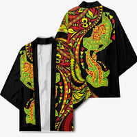 Hawaiian Manta Ray and Hammerhead Shark Tribal Tattoo Kimono with Polynesian Tribal Pattern Kanaka Maoli Flag Color LT03 - Polynesian Pride