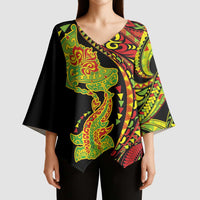Hawaiian Manta Ray and Hammerhead Shark Tribal Tattoo Kimono Sleeve Blouse with Polynesian Tribal Pattern Kanaka Maoli Flag Color