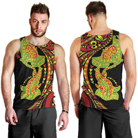 Hawaiian Manta Ray and Hammerhead Shark Tribal Tattoo Men Tank Top with Polynesian Tribal Pattern Kanaka Maoli Flag Color