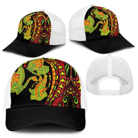 Hawaiian Manta Ray and Hammerhead Shark Tribal Tattoo Mesh Trucker Cap with Polynesian Tribal Pattern Kanaka Maoli Flag Color