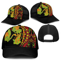 Hawaiian Manta Ray and Hammerhead Shark Tribal Tattoo Mesh Trucker Cap with Polynesian Tribal Pattern Kanaka Maoli Flag Color