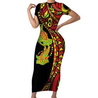 Hawaiian Manta Ray and Hammerhead Shark Tribal Tattoo Short Sleeve Bodycon Dress with Polynesian Tribal Pattern Kanaka Maoli Flag Color LT03 Long Dress Multicolor - Polynesian Pride