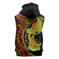 Hawaiian Manta Ray and Hammerhead Shark Tribal Tattoo Sleeveless Hoodie with Polynesian Tribal Pattern Kanaka Maoli Flag Color