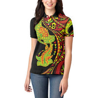 Hawaiian Manta Ray and Hammerhead Shark Tribal Tattoo Women Polo Shirt with Polynesian Tribal Pattern Kanaka Maoli Flag Color LT03 - Polynesian Pride