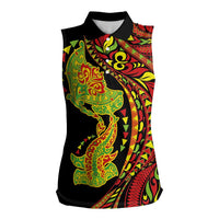 Hawaiian Manta Ray and Hammerhead Shark Tribal Tattoo Women Sleeveless Polo Shirt with Polynesian Tribal Pattern Kanaka Maoli Flag Color LT03 Female Multicolor - Polynesian Pride