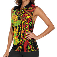 Hawaiian Manta Ray and Hammerhead Shark Tribal Tattoo Women Sleeveless Polo Shirt with Polynesian Tribal Pattern Kanaka Maoli Flag Color LT03 - Polynesian Pride