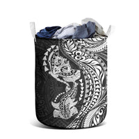 Hawaiian Manta Ray and Hammerhead Shark Tribal Tattoo Laundry Basket with Polynesian Tribal Pattern Black-White Color