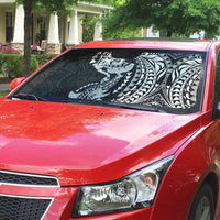 Hawaiian Manta Ray and Hammerhead Shark Tribal Tattoo Auto Sun Shade with Polynesian Tribal Pattern Black-White Color LT03 - Polynesian Pride