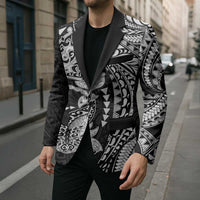 Hawaiian Manta Ray and Hammerhead Shark Tribal Tattoo Blazer with Polynesian Tribal Pattern Black-White Color