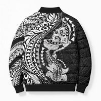 Hawaiian Manta Ray and Hammerhead Shark Tribal Tattoo Bomber Puffer Jacket with Polynesian Tribal Pattern Black-White Color