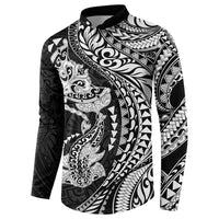Hawaiian Manta Ray and Hammerhead Shark Tribal Tattoo Button Sweatshirt with Polynesian Tribal Pattern Black-White Color