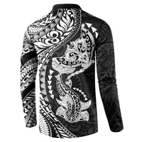 Hawaiian Manta Ray and Hammerhead Shark Tribal Tattoo Button Sweatshirt with Polynesian Tribal Pattern Black-White Color