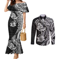 Hawaiian Manta Ray and Hammerhead Shark Tribal Tattoo Couples Matching Mermaid Dress and Long Sleeve Button Shirt with Polynesian Tribal Pattern Black-White Color