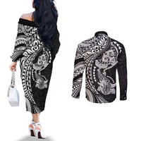 Hawaiian Manta Ray and Hammerhead Shark Tribal Tattoo Couples Matching Off The Shoulder Long Sleeve Dress and Long Sleeve Button Shirt with Polynesian Tribal Pattern Black-White Color