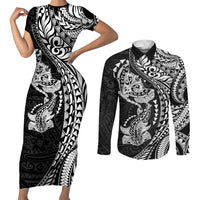 Hawaiian Manta Ray and Hammerhead Shark Tribal Tattoo Couples Matching Short Sleeve Bodycon Dress and Long Sleeve Button Shirt with Polynesian Tribal Pattern Black-White Color