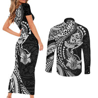 Hawaiian Manta Ray and Hammerhead Shark Tribal Tattoo Couples Matching Short Sleeve Bodycon Dress and Long Sleeve Button Shirt with Polynesian Tribal Pattern Black-White Color