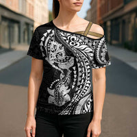 Hawaiian Manta Ray and Hammerhead Shark Tribal Tattoo Cross Shoulder Shirt with Polynesian Tribal Pattern Black-White Color LT03 - Polynesian Pride